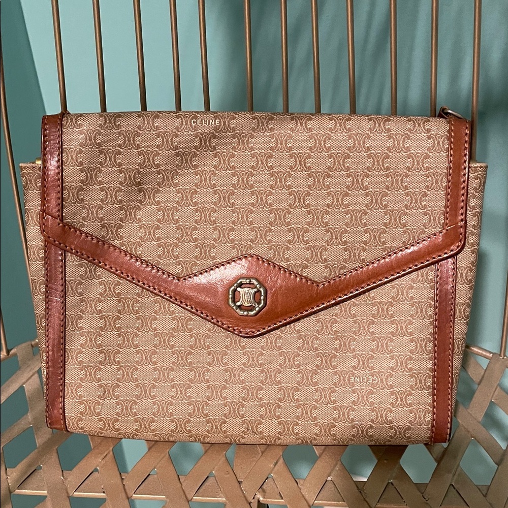 Celine Tan and Brown Monogram Envelope Clutch